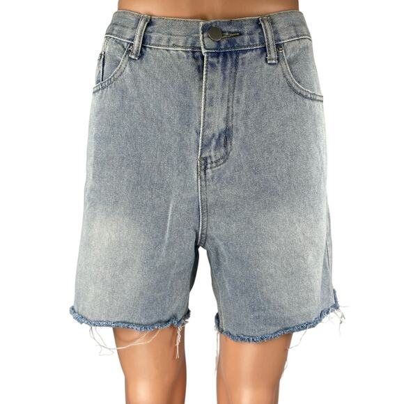 Love + Harmony Blue High Waisted Frayed Raw Hem Bermuda Denim Jeans Shorts Sz M - Picture 1 of 5